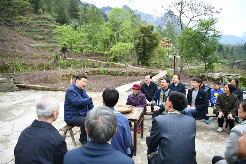 2019年4月15日至17日，中共中央總書記、國(guó)家主席、中央軍委主席習(xí)近平在重慶考察，并主持召開(kāi)解決“兩不愁三保障”突出問(wèn)題座談會(huì)。這是4月15日下午，習(xí)近平在石柱土家族自治縣中益鄉(xiāng)華溪村同村民代表、基層干部、扶貧干部、鄉(xiāng)村醫(yī)生等圍坐在一起，共話脫貧攻堅(jiān)。新華社記者 謝環(huán)馳 攝
