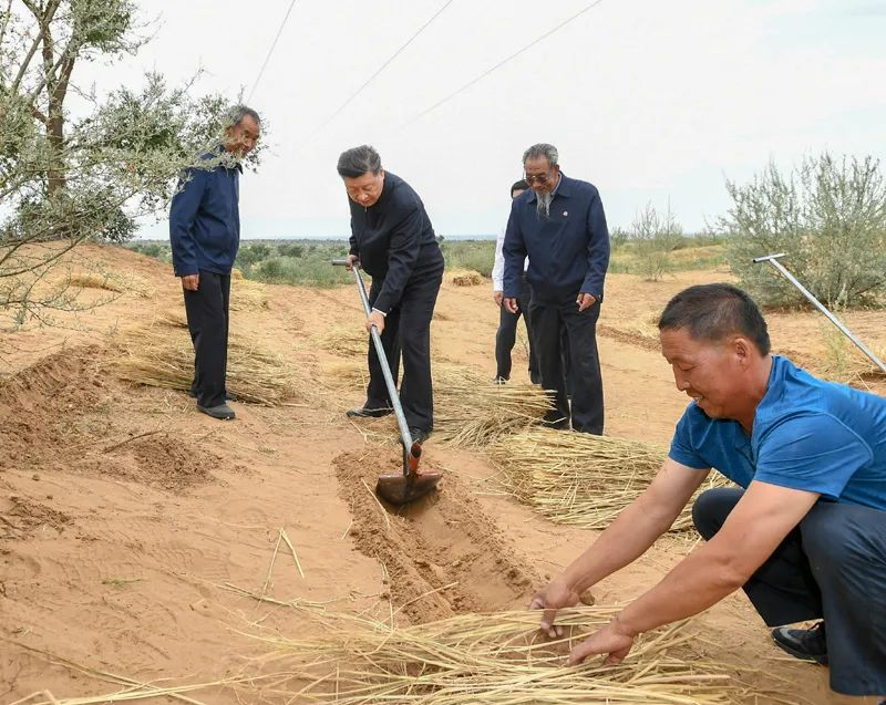 2019年8月21日，習(xí)近平來到甘肅省武威市古浪縣八步沙林場，實(shí)地察看當(dāng)?shù)刂紊吃炝帧⑸鷳B(tài)保護(hù)等情況。新華社記者 謝環(huán)馳 攝