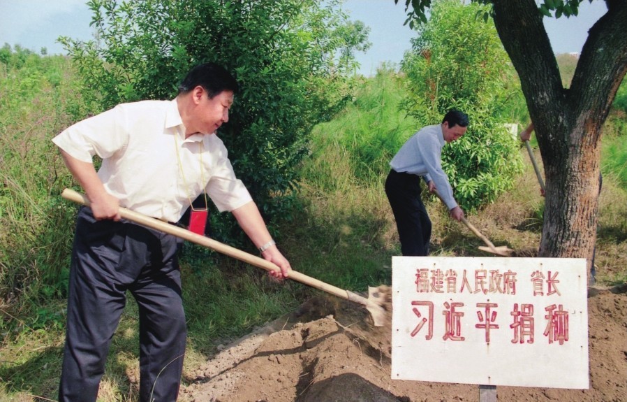 2001年10月，習(xí)近平在龍巖市長汀縣調(diào)研水土流失治理工作，在河田世紀(jì)生態(tài)園為樹培土。圖源：《習(xí)近平在福建（下）》