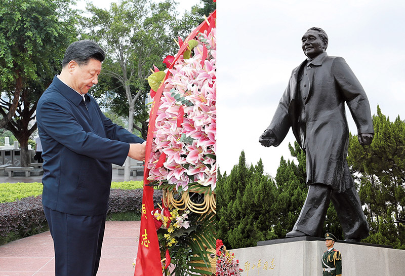 2020年10月14日，習(xí)近平總書記向深圳蓮花山公園鄧小平同志銅像敬獻(xiàn)花籃。