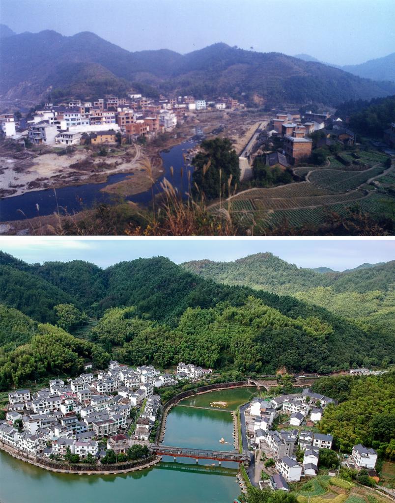 圖為浙江省杭州市淳安縣楓樹(shù)嶺鎮(zhèn)下姜村拼版圖，其中上圖為資料照片、下圖由新華社記者張鋮攝。